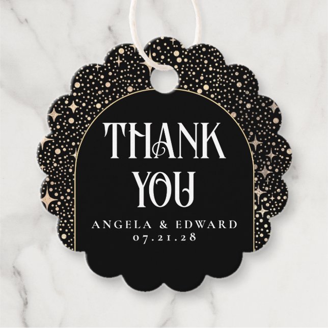Étiquettes Cadeau Étoiles Célestes Mariage Noir Merci (Devant)