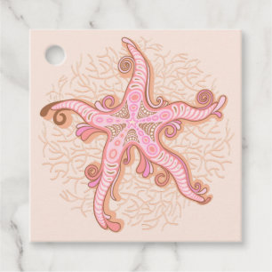 Étiquettes Cadeau Étoiles de mer et motif pastel rose corail