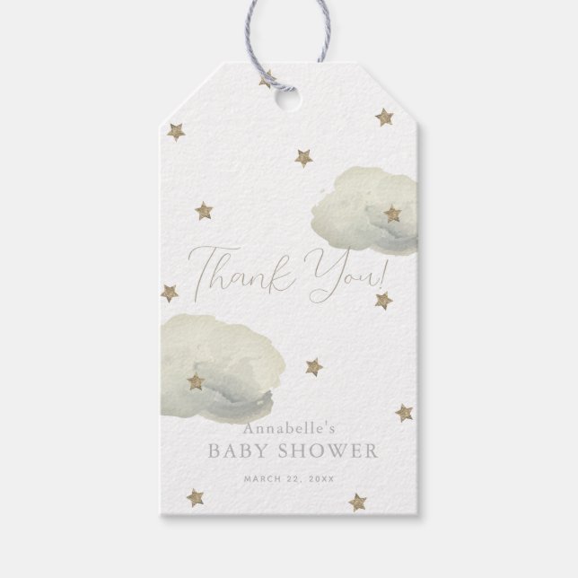 Étiquettes-cadeau Etoiles d'or et nuages Baby shower Merci (Devant)