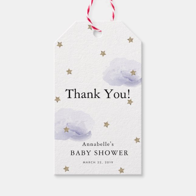Étiquettes-cadeau Etoiles d'or et nuages de lavande Baby shower Merc (Devant)