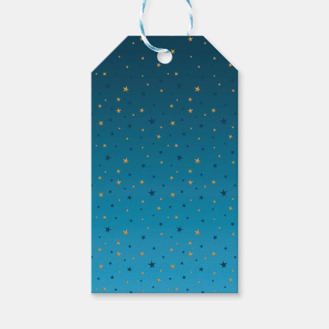 Étiquettes-cadeau étoiles d'or sur le bleu. (Devant)
