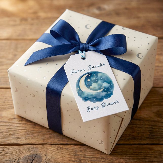 Étiquettes-cadeau Etoiles et lune rêve baby shower bleu invitation (Stars and moon dreamy baby shower blue invitation gift tags.)