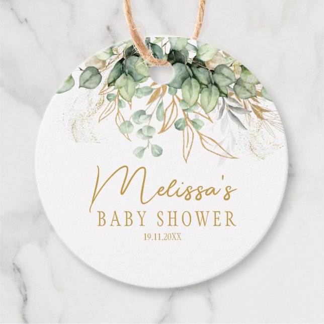 Étiquettes Cadeau Eucalyptus Green Leaf vert & Baby shower or (Devant)