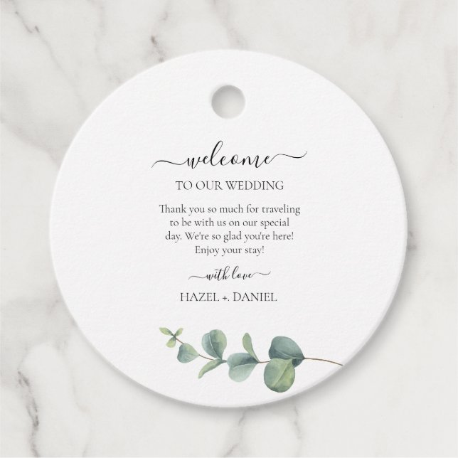 Étiquettes Cadeau Eucalyptus Mariage de verdure Bienvenue (Devant)