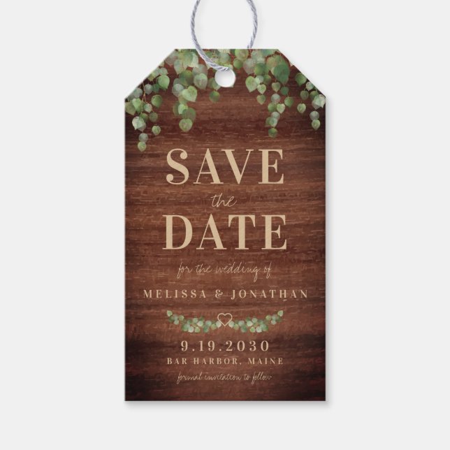 Étiquettes-cadeau Eucalyptus Rustique Bois Enregistrer La Date (Devant)
