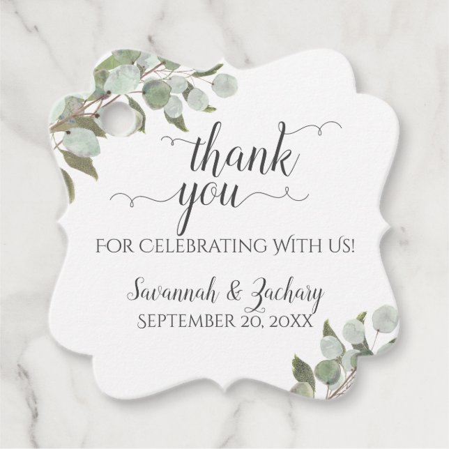 Étiquettes Cadeau Eucalyptus rustique & Merci Mariage vert (Devant)