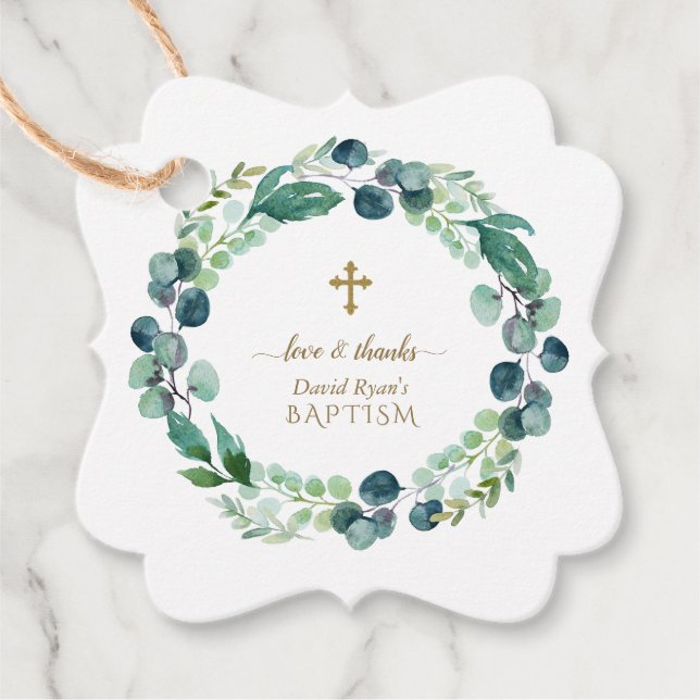 Étiquettes Cadeau Eucalyptus verdure Wreath Gold Cross Baptême (Devant)