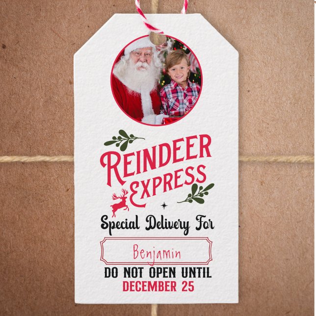 Étiquettes-cadeau Express de rennes de Père Noël Nom et photo Noël (Créateur téléchargé)