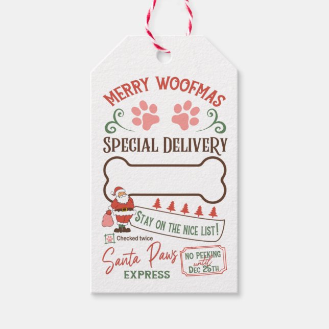 Étiquettes-cadeau Express personnalisé Joyeux Woofmas Père Noël Paws (Devant)