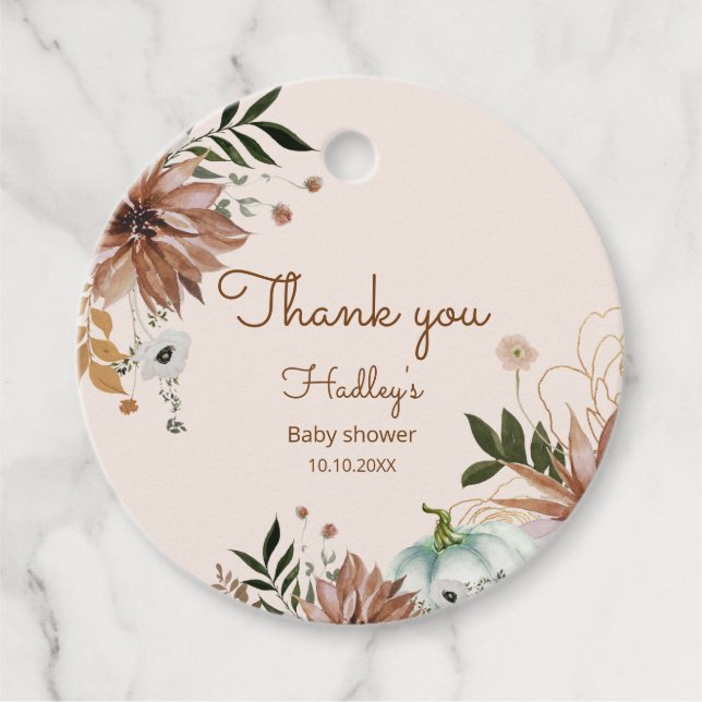 Étiquettes Cadeau Fall Boho citrouille baby shower merci (Devant)
