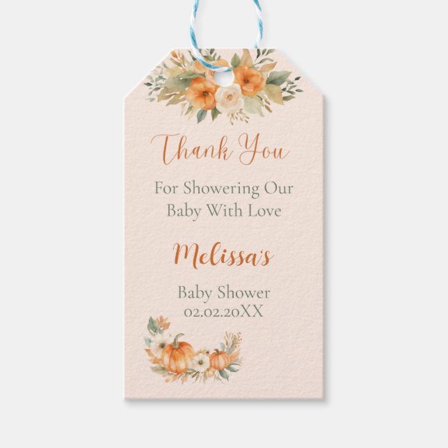 Étiquettes-cadeau Fall Rustic Orange Pumpkin Baby Shower  (Devant)