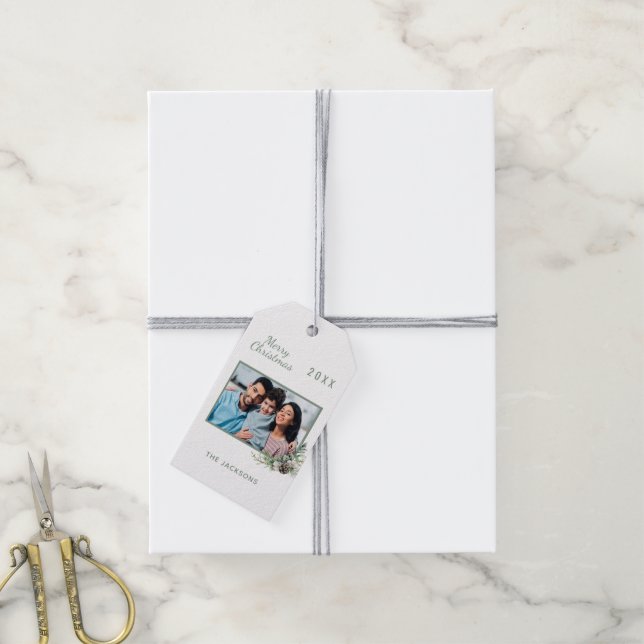 Étiquettes-cadeau Famille de photos de pin blanc de Noël (Avec de la ficelle)