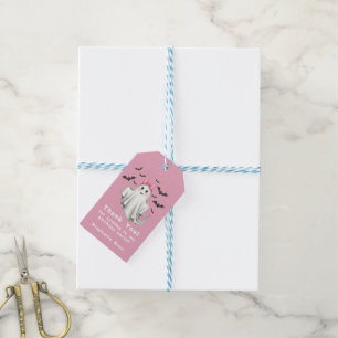 Étiquettes-cadeau Fantôme de fille rose avec chauves-souris volant