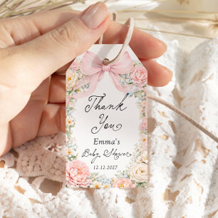Étiquettes-cadeau Fard rose noeud jardin Baby Shower Merci
