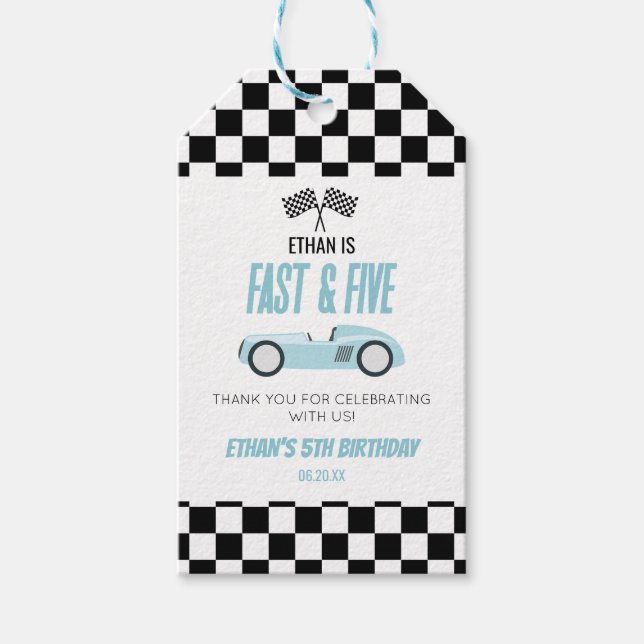 Étiquettes-cadeau Fast & Five Blue Race Car 5e fête d'anniversaire (Devant)