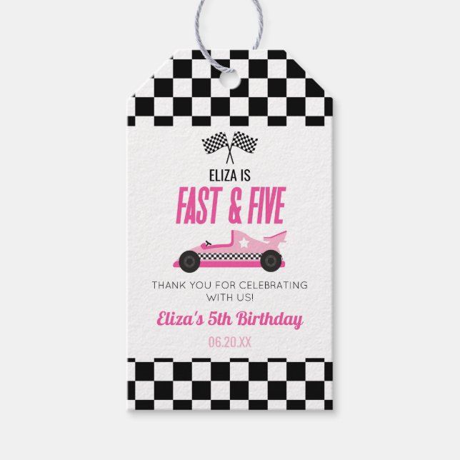 Étiquettes-cadeau Fast & Five Pink Race Car 5ème anniversaire (Devant)