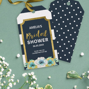 Étiquettes-cadeau Faux Gold, Bleu & Blanc Fête des mariées Florale