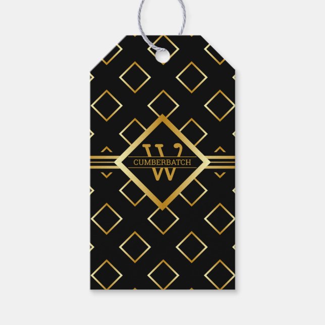 Étiquettes-cadeau FAUX Gold Geometric Pattern with Monogram on BLACK (Devant)