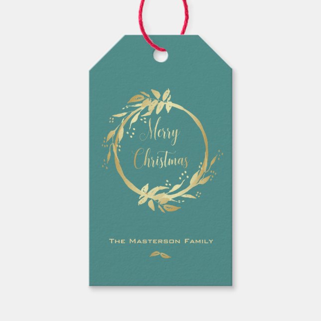 Étiquettes-cadeau Faux Gold Turquoise Joyeux Noël Wreath (Devant)
