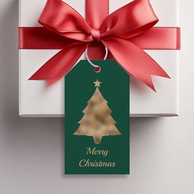 Étiquettes-cadeau Faux Golden Foil Forme Arbre de Noël Vert (Front)
