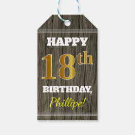 Étiquettes-cadeau Faux Wood, Faux Gold 18e anniversaire + Nom person