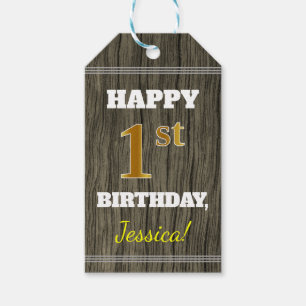 Étiquettes-cadeau Faux Wood, Faux Gold 1er Anniversaire + Nom person