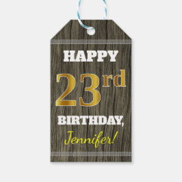 Étiquettes-cadeau Faux Wood, Faux Gold 23e anniversaire + Nom person