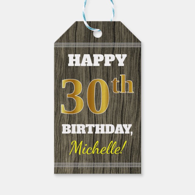Étiquettes-cadeau Faux Wood, Faux Gold 30e anniversaire + Nom person (Devant)
