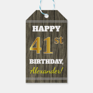 Étiquettes-cadeau Faux Wood, Faux Gold 41e anniversaire + Nom person