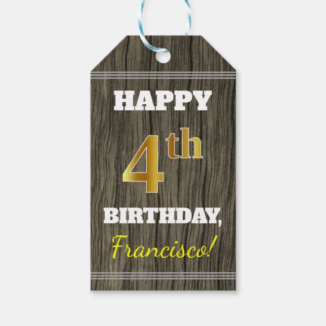 Étiquettes-cadeau Faux Wood, Faux Gold 4e anniversaire + Nom personn (Devant)