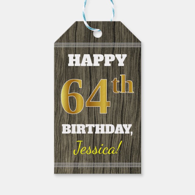 Étiquettes-cadeau Faux Wood, Faux Gold 64e anniversaire + Nom person (Devant)