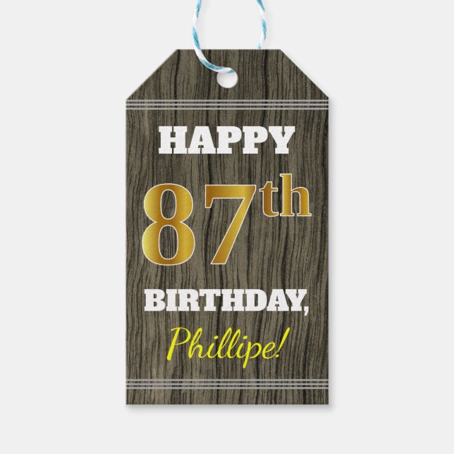 Étiquettes-cadeau Faux Wood, Faux Gold 87e anniversaire + Nom person (Devant)