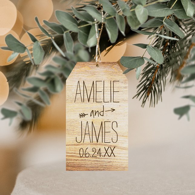 Étiquettes-cadeau Faveur de mariage à monogramme avec grain de bois  (Créateur téléchargé)