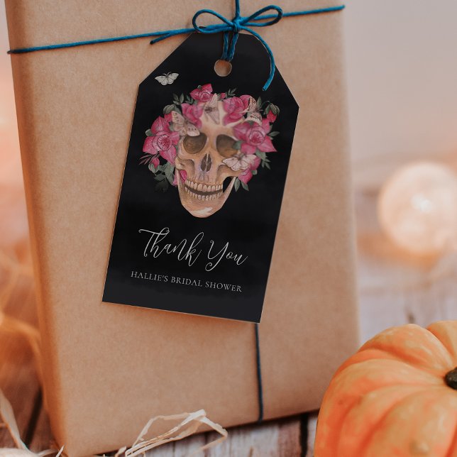 Étiquettes-cadeau Faveur de mariage floral rose crâne Halloween (Créateur téléchargé)