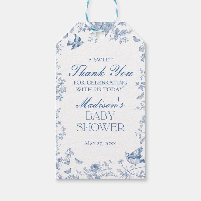 Étiquettes-cadeau Faveurs de Baby Shower Toile De Jouy Bleue (Devant)