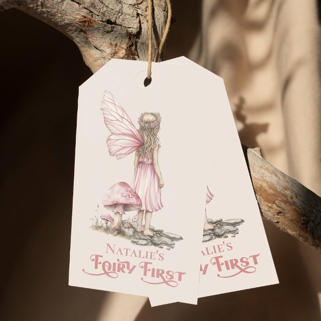 Étiquettes-cadeau Fée rose pâle première fête d'anniversaire Personn (Créateur téléchargé)