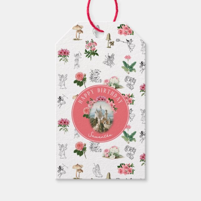 Étiquettes-cadeau Fées Château Fée Fleur Rose Anniversaire (Devant)