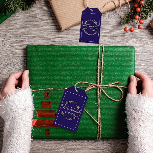 Étiquettes-cadeau Feliz Navidad Christmas Blue & Golden Isaiah 9:6 (Blue Feliz Navidad personalized gift tag, Conjesusenelcamino Isaias 9:6)