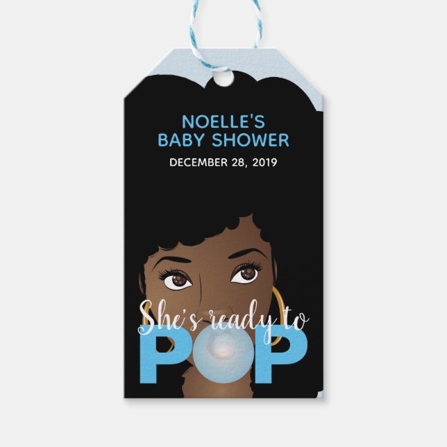 Étiquettes-cadeau Femme noire, Prête à la pop, Bubblegum, Bleu (Devant)