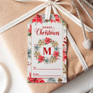Étiquettes-cadeau Ferme Poinsettia Rustic Monogramme Noël