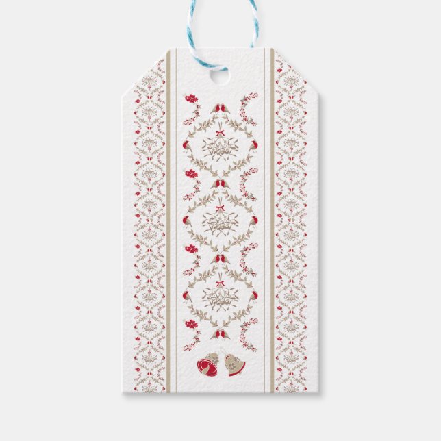 Étiquettes-cadeau Festif Noël Floral Damask | Beige rouge (Devant)