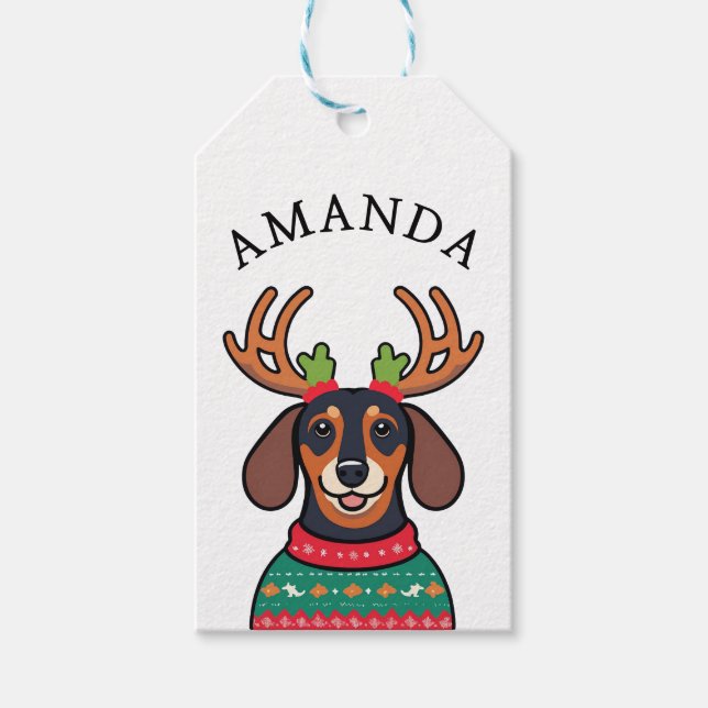Étiquettes-cadeau Festif Noir Dachshund Nom de Noël (Devant)