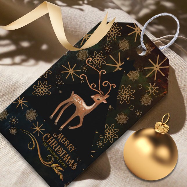 Étiquettes-cadeau Festif NOIR OR Cerf Noël (Festive BLACK GOLD Deer Christmas Gift Tags)