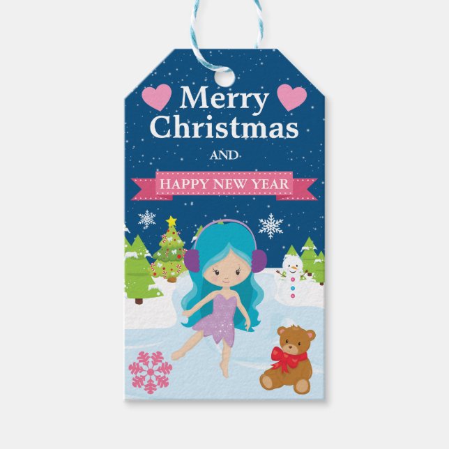 Étiquettes-cadeau Festive Blue Haired Winter Fairy Christmas (Devant)