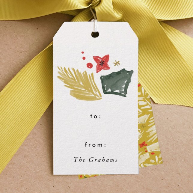Étiquettes-cadeau Festive Botanique Noël Tags cadeaux (Festive botanical chartreuse golden watercolor Christmas gift tag.)
