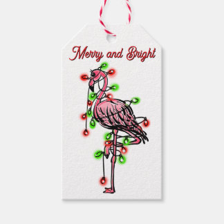 Étiquettes-cadeau Festive holiday Flamingo red green Xmas lights