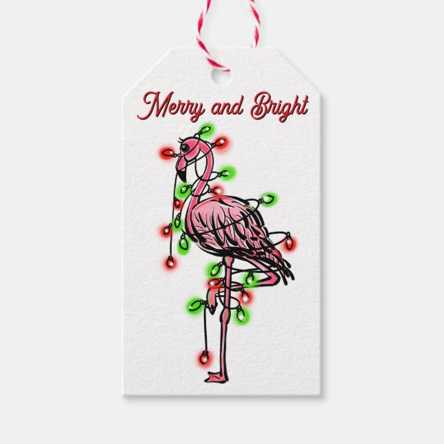 Étiquettes-cadeau Festive holiday Flamingo  red green Xmas lights (Devant)