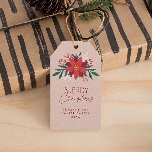 Étiquettes-cadeau Festive Poinsettia Fleurs Noël (elegant Christmas gift tag with poinsettia bouquet)