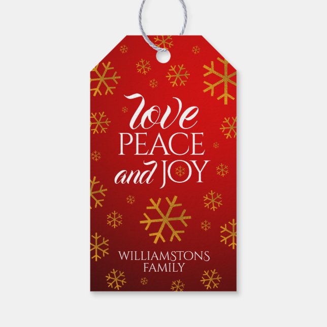 Étiquettes-cadeau Festive Red Love, Peace and Joy with Snowflakes (Dos)