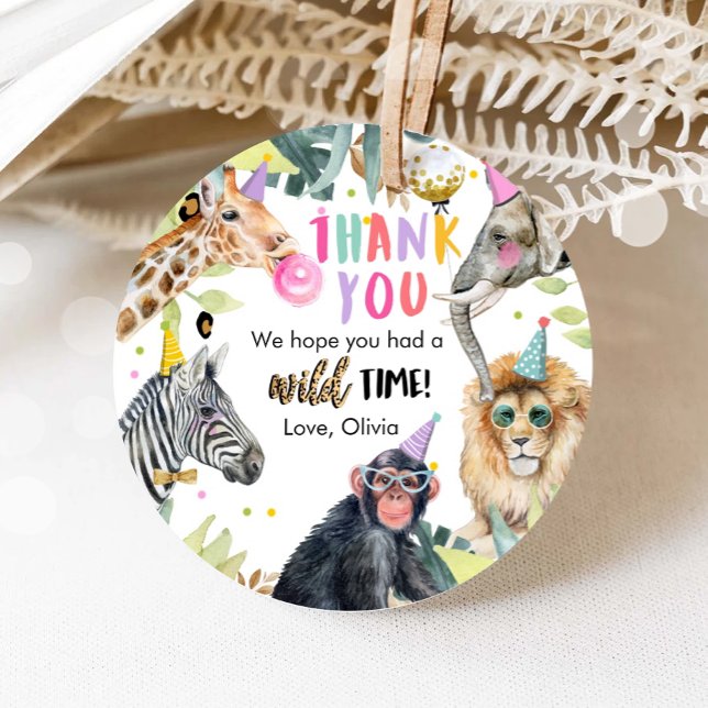 Étiquettes Cadeau Fête Animaux Safari Fille Merci rose Temps sauvage (Créateur téléchargé)